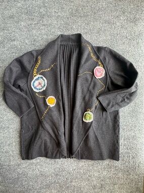 Open Front Cardigan Knit Charcoal Gray Applique Hand Painted Large 80s Vintage